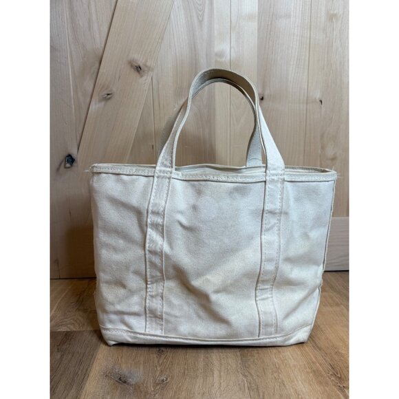 L.L. Bean Boat And Tote Bag White on White Ivory Zipper Top Medium Canvas USA - Picture 4 of 9
